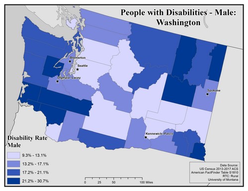Map of WA showing rates of disability among males. Text description on page. 