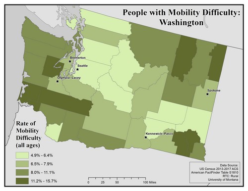 Map of WA showing rates of mobility difficulty. Text description on page.