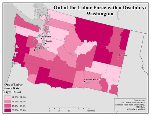 Map of WA showing rates of people with disability out of labor force. Text description on page.