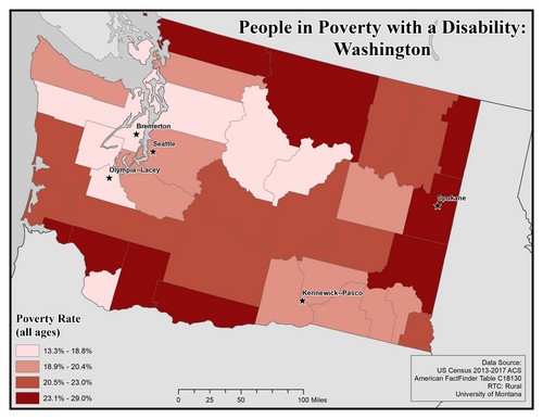 Map of WA showing rates of people with disabilities in poverty. Text description on page.