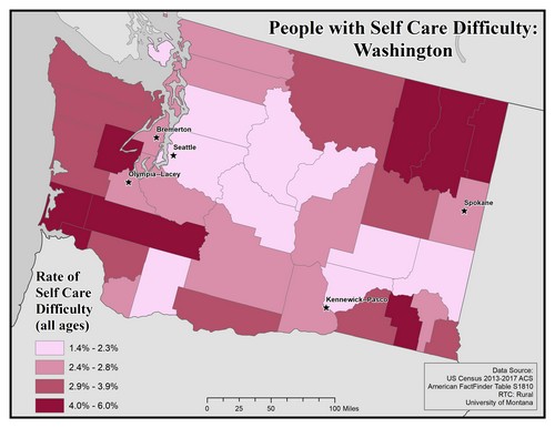 Map of WA showing rates of self-care difficulty. Text description on page.