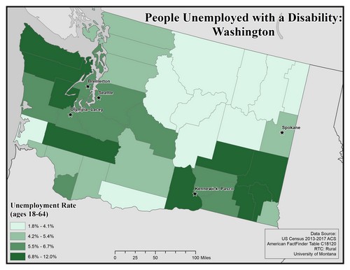 Map of WA showing rates of unemployment for people with disabilities. Text description on page.