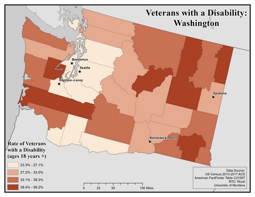 Map of WA showing rates of veterans with disability. Text description on page.