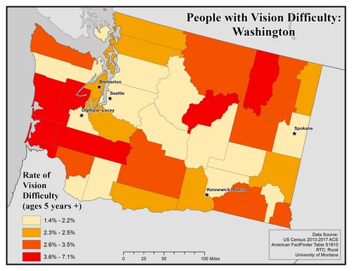 Map of WA showing rates of vision difficulty by county. Text description on page.