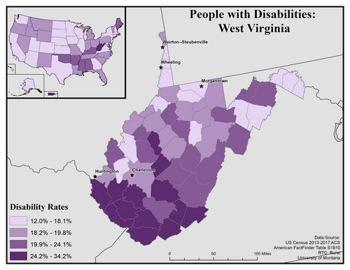 map of WV showing disability rate by county. Text description on page. 
