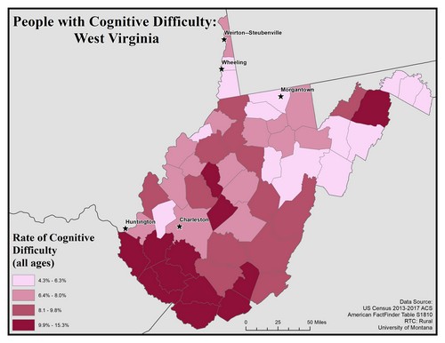 Map of WV showing rates of cognitive difficulty. Text description on page.