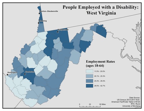 Map of WV showing rates of people with disability employed. Text description on page.