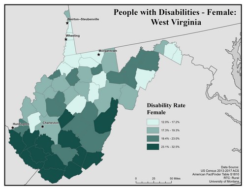 Map of WV showing rates of disability among females. Text description on page. 