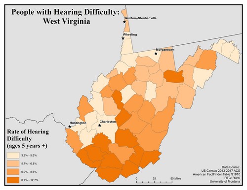 Map of WV showing rates of hearing impairment by county. Text description on page. 
