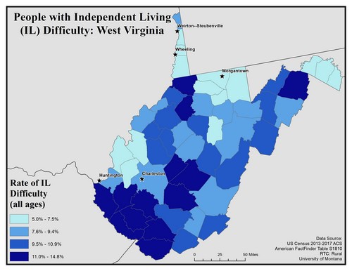Map of WV showing rates of IL difficulty. Text description on page.