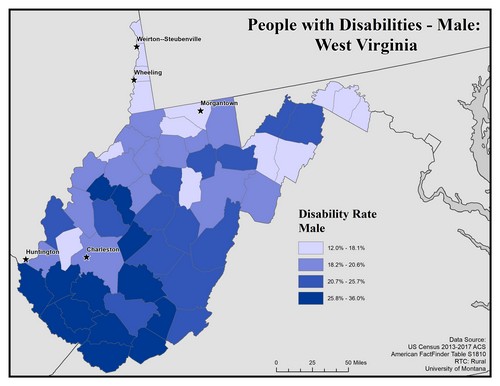 Map of WV showing rates of disability among males. Text description on page. 