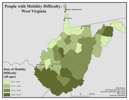 Map of WV showing rates of mobility difficulty. Text description on page.