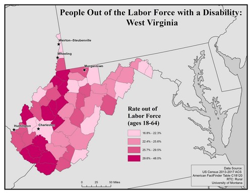 Map of WV showing rates of people with disability out of labor force. Text description on page.