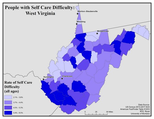 Map of LA showing rates of self-care difficulty. Text description on page.