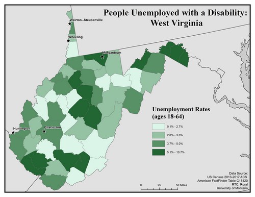 Map of WV showing rates of unemployment for people with disabilities. Text description on page.