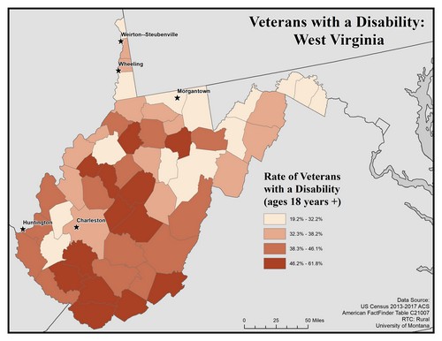 Map of WV showing rates of veterans with disability. Text description on page.
