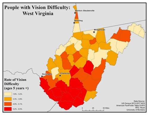 Map of WV showing rates of vision difficulty by county. Text description on page.