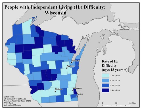 Map of WI showing rates of IL difficulty. Text description on page.