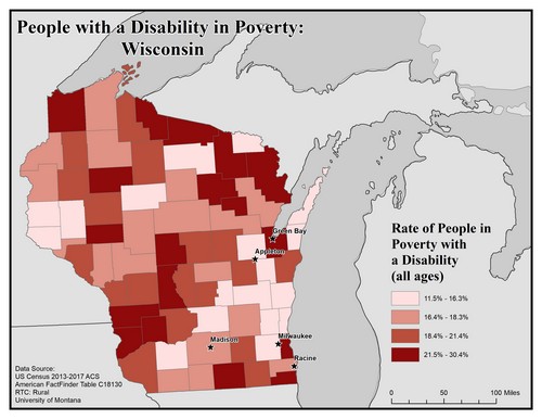 Map of WI showing rates of people with disabilities in poverty. Text description on page.