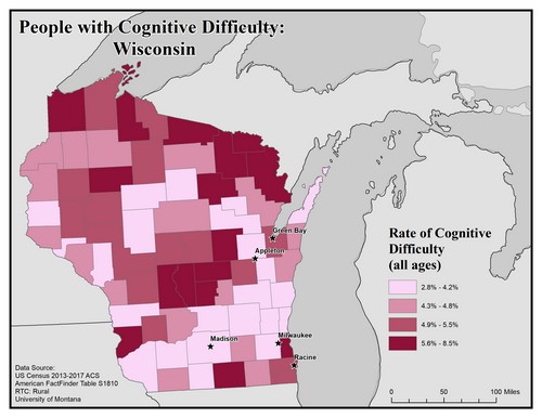 Map of WI showing rates of cognitive difficulty. Text description on page.