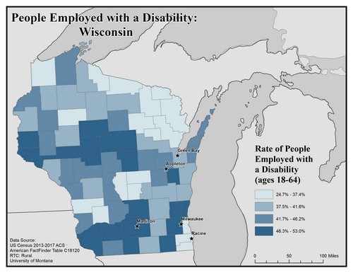 Map of WI showing rates of people with disability employed. Text description on page.