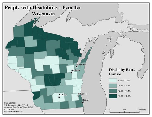 Map of WI showing rates of disability among females. Text description on page. 