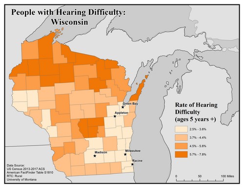 Map of WI showing rates of hearing impairment by county. Text description on page. 