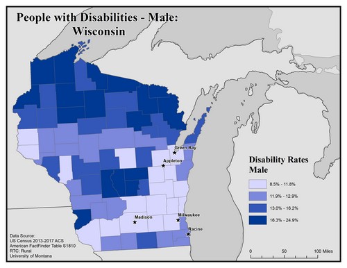 Map of WI showing rates of disability among males. Text description on page. 