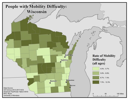 Map of WI showing rates of mobility difficulty. Text description on page.