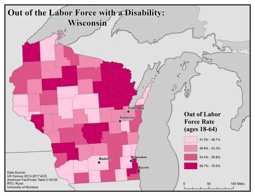 Map of WI showing rates of people with disability out of labor force. Text description on page.