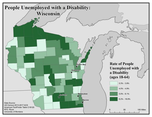 Map of WI showing rates of unemployment for people with disabilities. Text description on page.