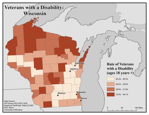 Map of WI showing rates of veterans with disability. Text description on page.