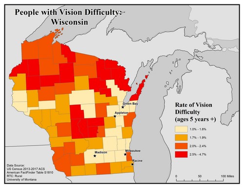 Map of WI showing rates of vision difficulty by county. Text description on page.