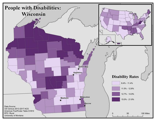 map of WI showing disability rate by county. Text description on page. 