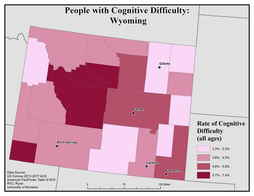 Map of WY showing rates of cognitive difficulty. Text description on page.