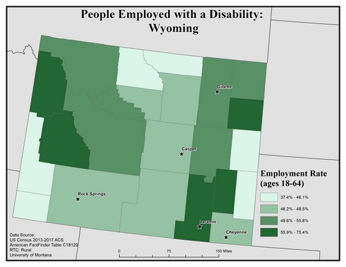 Map of WY showing rates of people with disability employed. Text description on page.