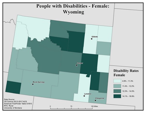 Map of WY showing rates of disability among females. Text description on page. 