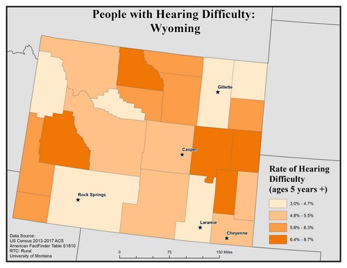 Map of WY showing rates of hearing impairment by county. Text description on page. 