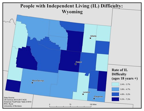 Map of WY showing rates of IL difficulty. Text description on page.