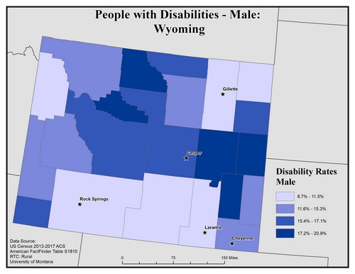Map of WY showing rates of disability among males. Text description on page. 