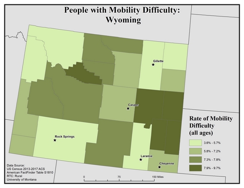 Map of WY showing rates of mobility difficulty. Text description on page.