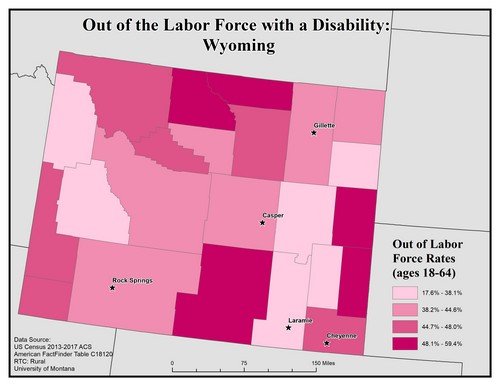 Map of WY showing rates of people with disability out of labor force. Text description on page.