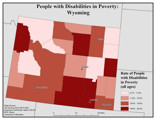 Map of WY showing rates of people with disabilities in poverty. Text description on page.