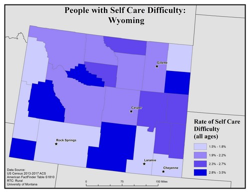 Map of WY showing rates of self-care difficulty. Text description on page.