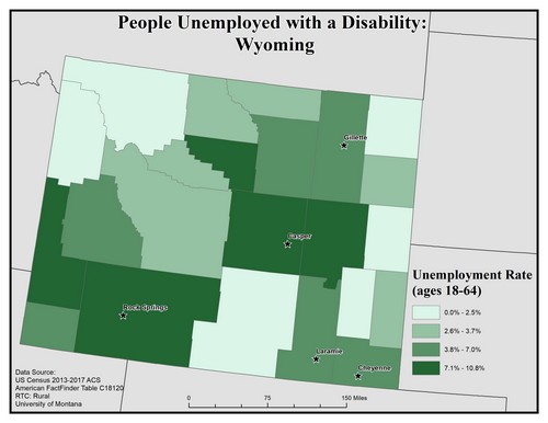 Map of WY showing rates of unemployment for people with disabilities. Text description on page.