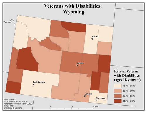 Map of WY showing rates of veterans with disability. Text description on page.