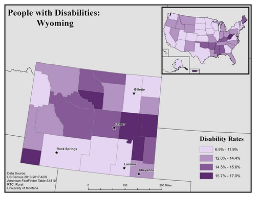 map of WY showing disability rate by county. Text description on page. 