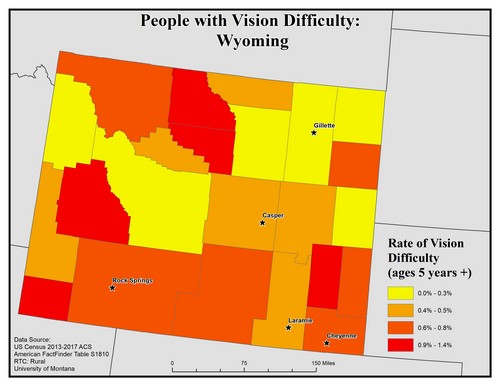Map of WY showing rates of vision difficulty by county. Text description on page.