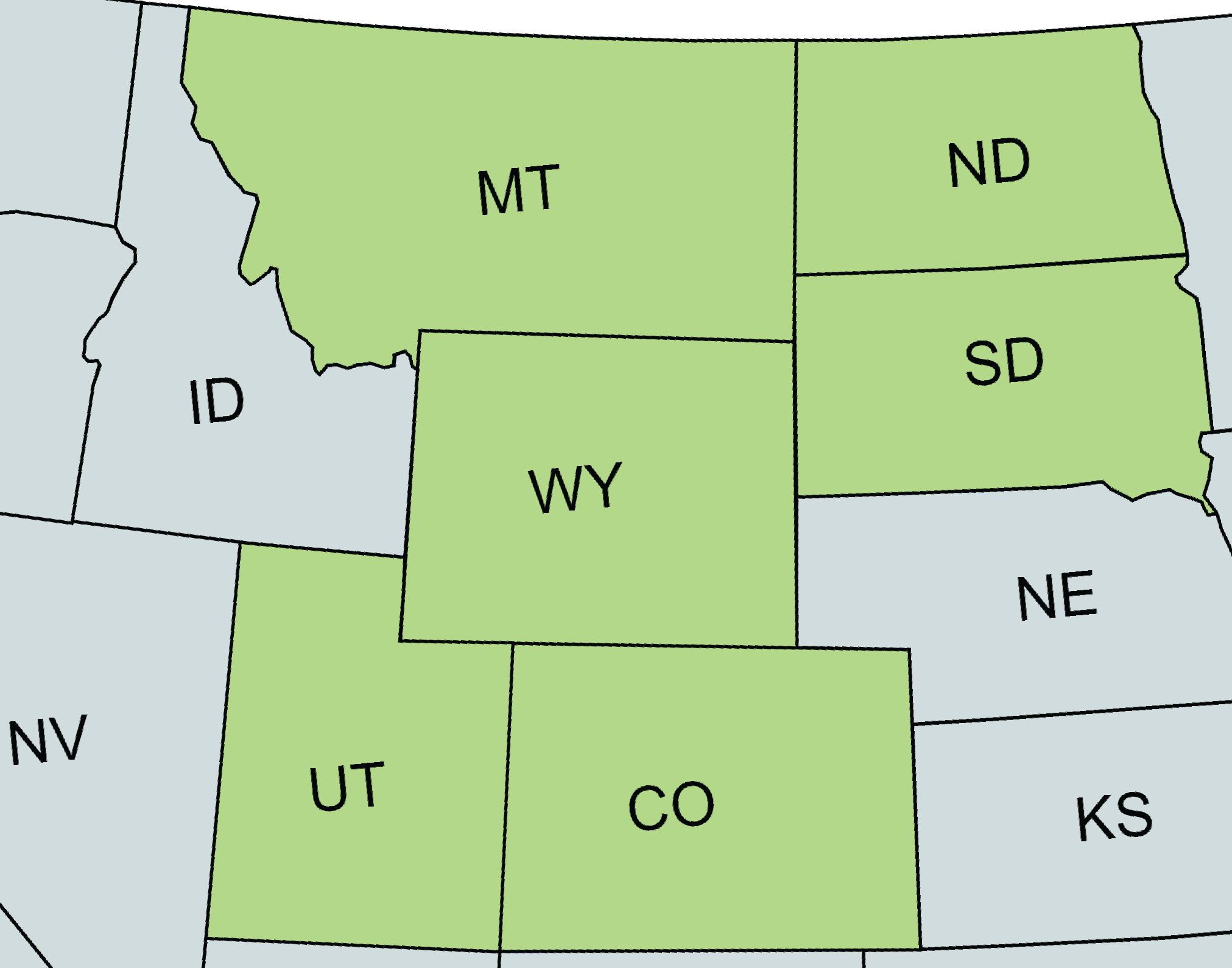 Map highlighting Montana, North Dakota, South Dakota, Wyoming, Colorado, and Utah