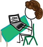 cartoon drawing of stick figure with brown curly hair seated at desk with laptop.